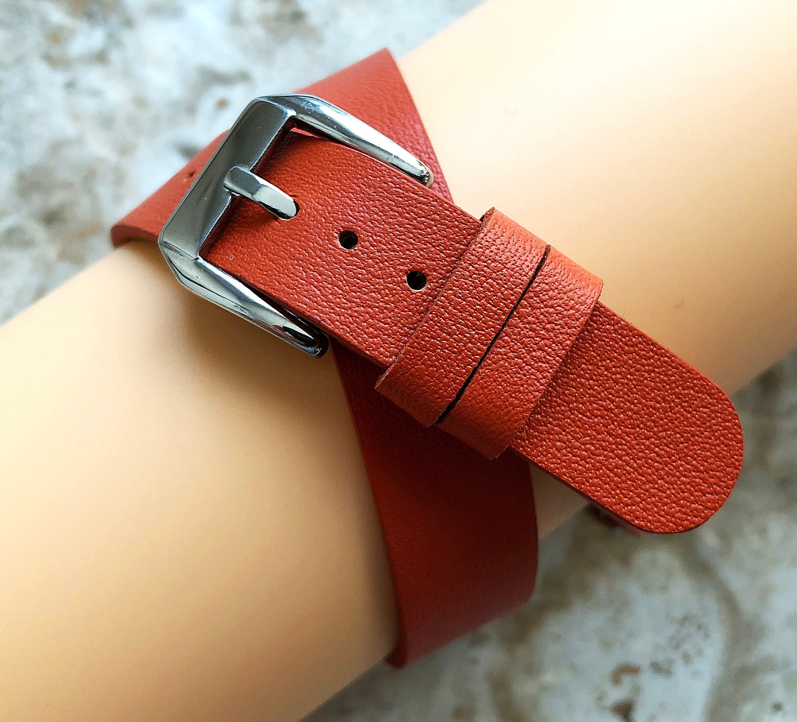 Apple Orange Twice Wrap Around Wrist Leather Band for iWatch Ultra 2 49mm and 9 8 Series 41mm 45mm Case Handmade Bracelet Double Strap